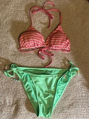 Pink Crochet Triangle Bikini Top with Mint Tie-Side Bikini Bottom